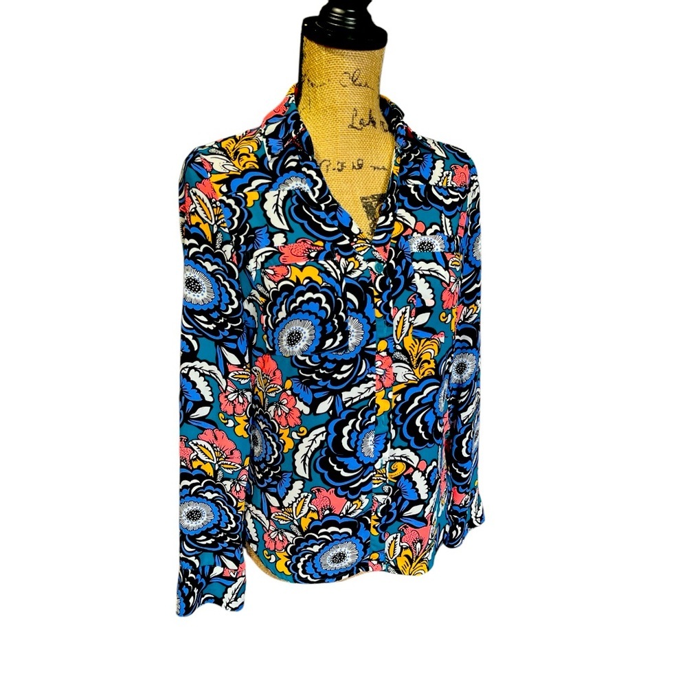 Express Colorful Long Sleeve V Neck Button Up‎ Blouse Career Breezy Dopamine XS